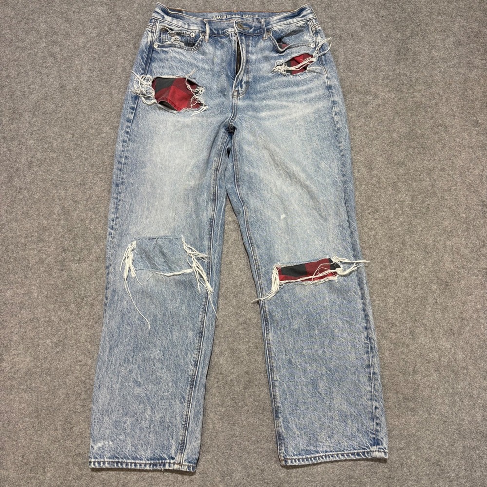 American Eagle Distressed Plaid Patch Jeans Light Wash Straight Leg Size 10